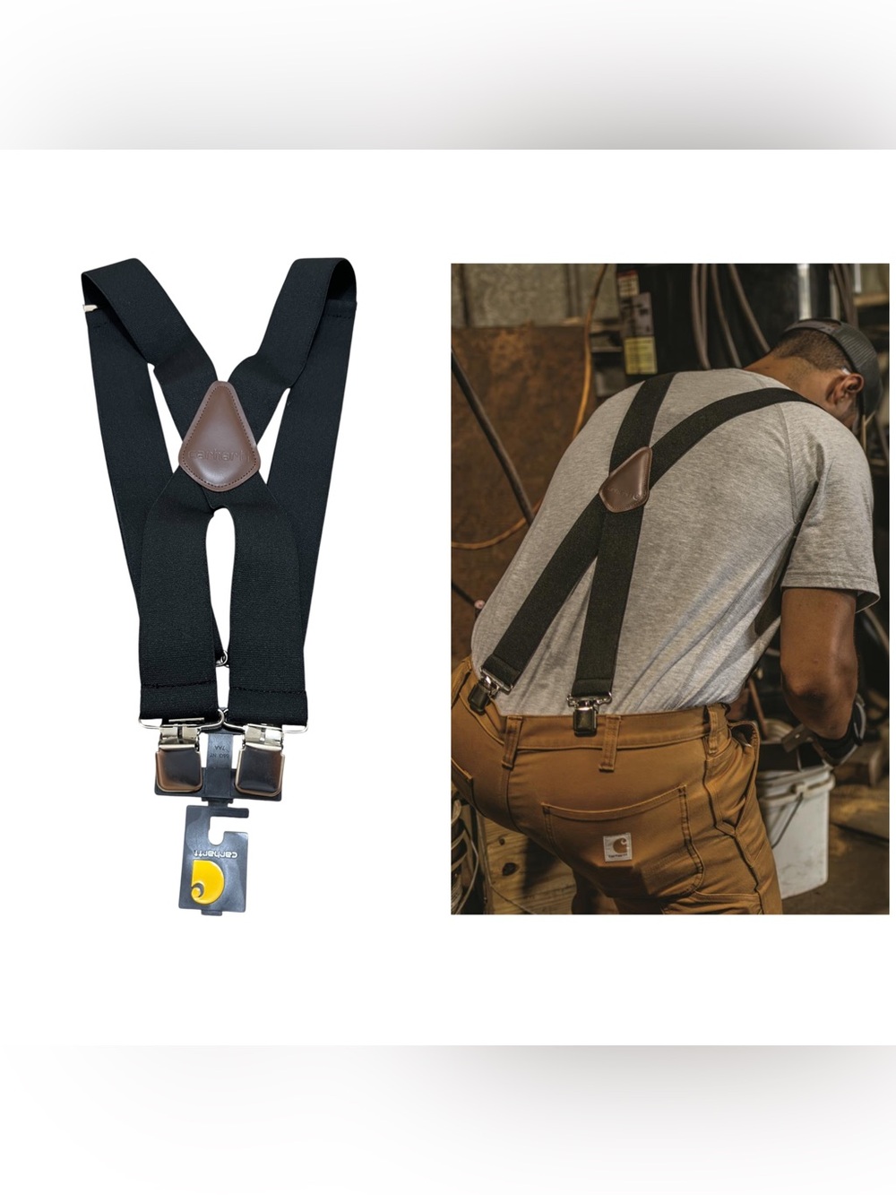 Carhartt Black Elastic Utility Suspenders with Brown Leather Y-Back 52” Length